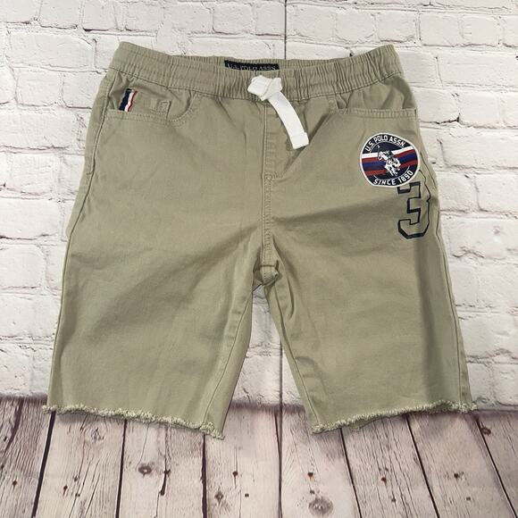 U.S. Polo Assn. Boys Khaki Shorts Size L 14 Logo Patch Elastic Waist Beige - Picture 1 of 5
